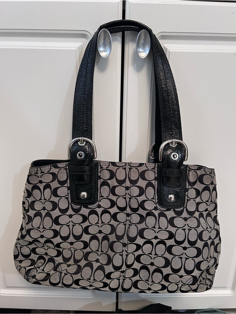 Coach Black and Gray Signature Canvas Shoulder Bag. Zipper pocket.